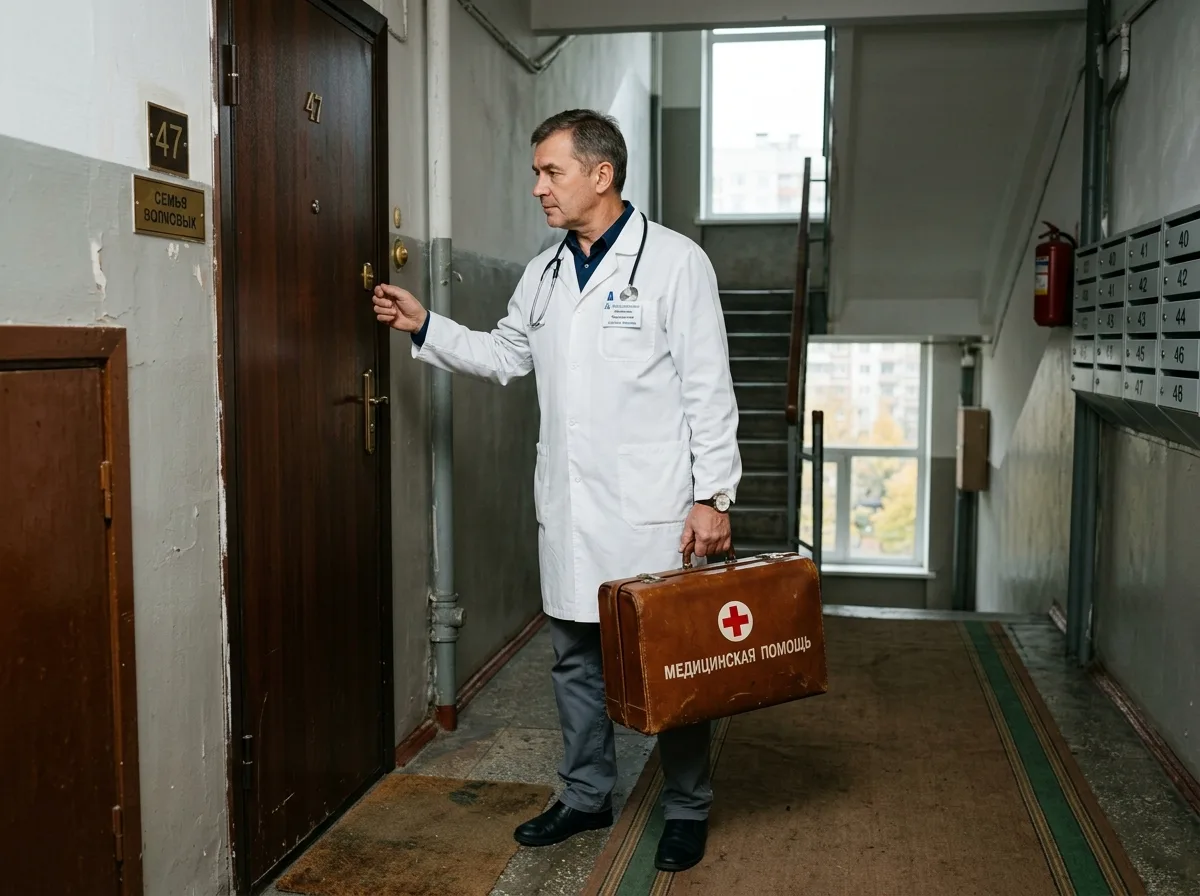 Опытный врач-нарколог в белом халате с медицинским чемоданом стоит у двери квартиры, готовый оказать помощь пациенту в запое, Москва, дневной свет