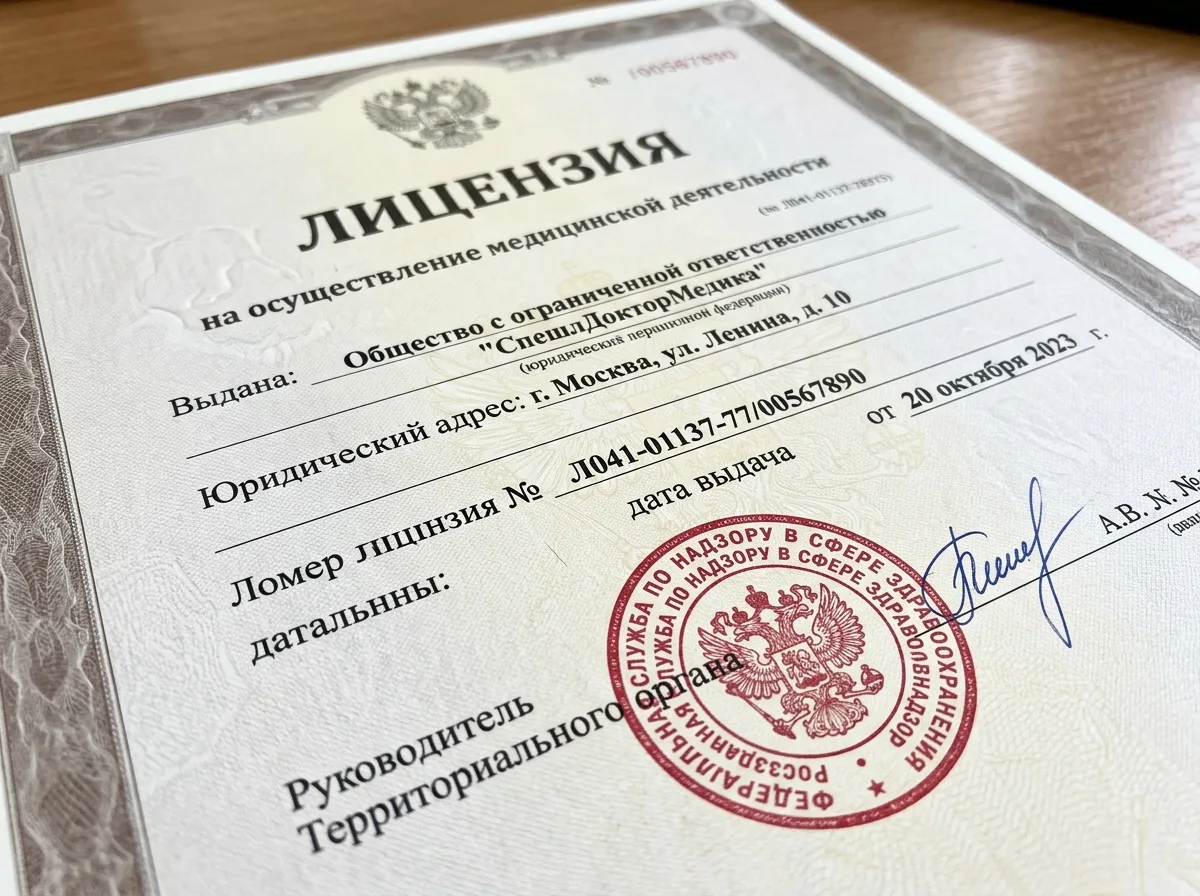 Лицензия на осуществление медицинской деятельности ООО СпешелДокторМедика, официальный бланк с печатью Росздравнадзора, крупный план