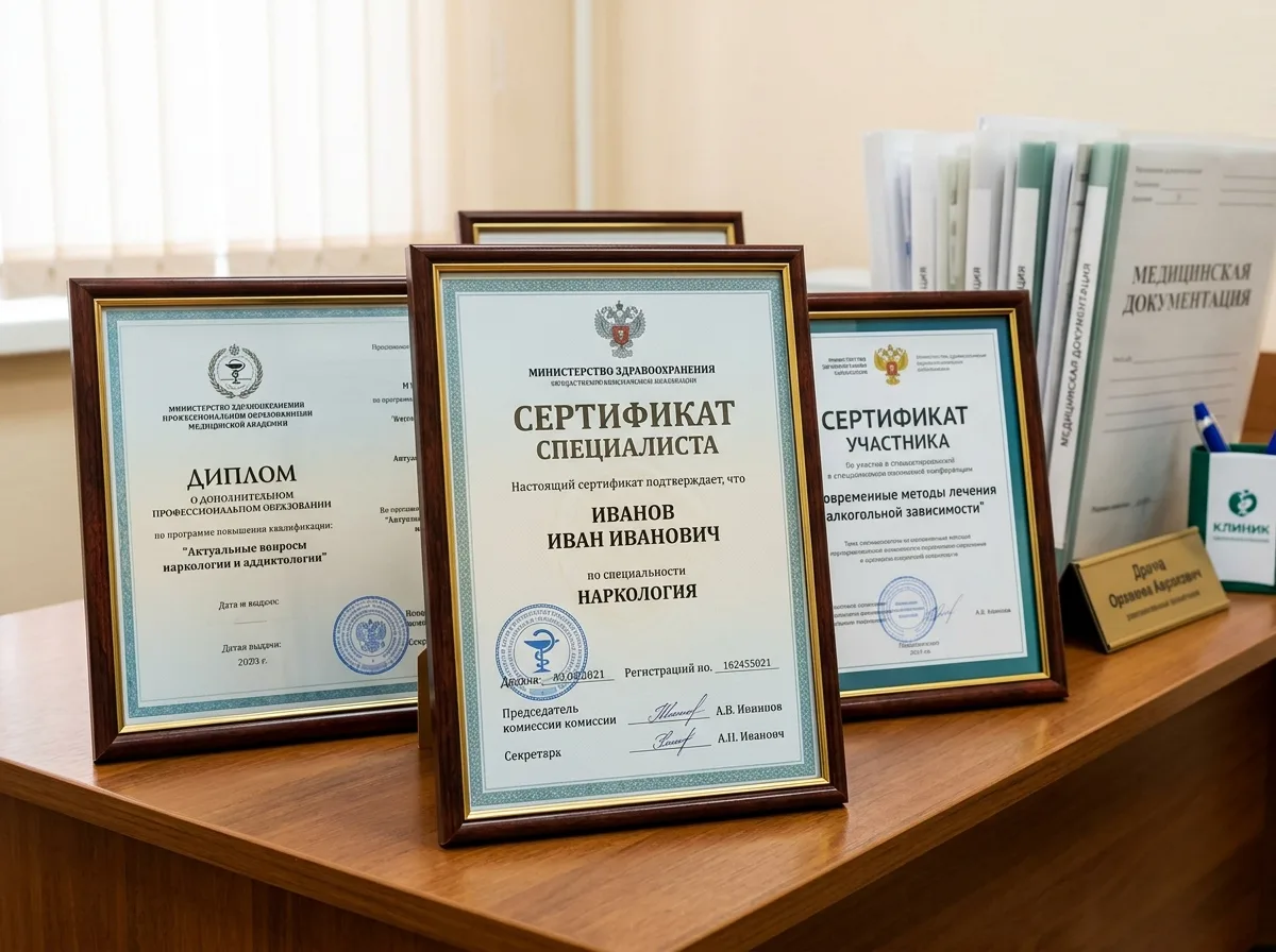 Сертификаты специалистов врачей-наркологов клиники, дипломы о повышении квалификации по наркологии, медицинские документы