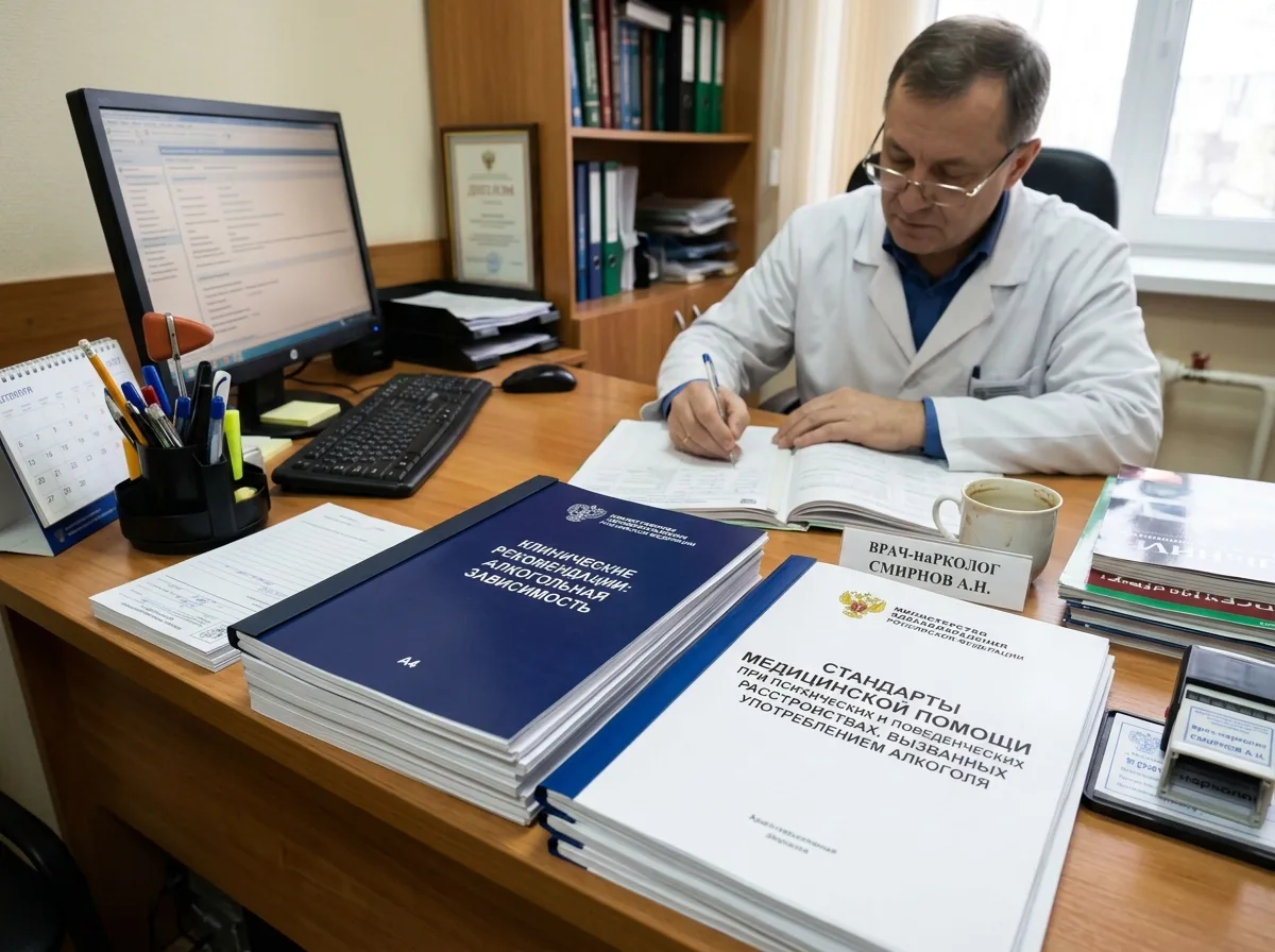 Стандарты лечения Минздрава России, клинические рекомендации по лечению алкогольной зависимости, официальные документы на столе врача